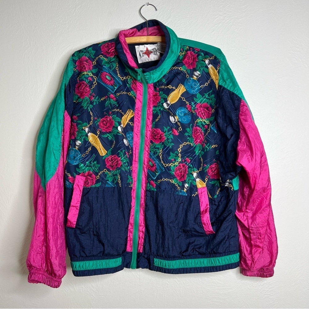 Vintage Active Frontier Navy Green Pink Long Sleeve Zip Front Windbreaker Sz L
